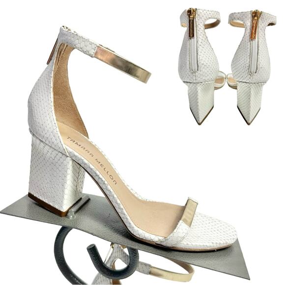 Tamara Mellon White & Gold Snakeskin Triangle Heel Sandals Size Eur 36.5/ US 6.5 - Picture 1 of 10